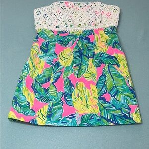 Lilly Pulitzer Strapless Pink Tropical Leaf Dress with Crocheted White Bodice